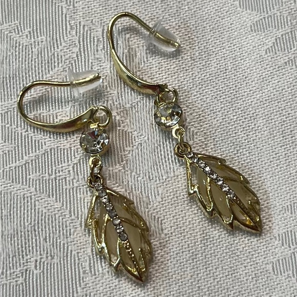 Jewelry - Gold Leaf Dangle Wire Earrings with Rhinestones in Filigree Setting